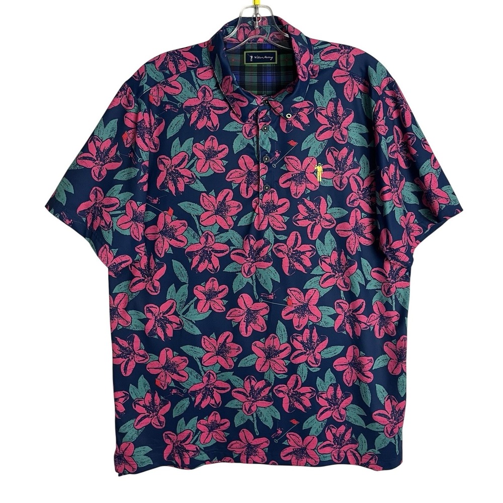William Murray Mens Large Polo Shirt Golf Performance Blue Pink Floral Hibiscus